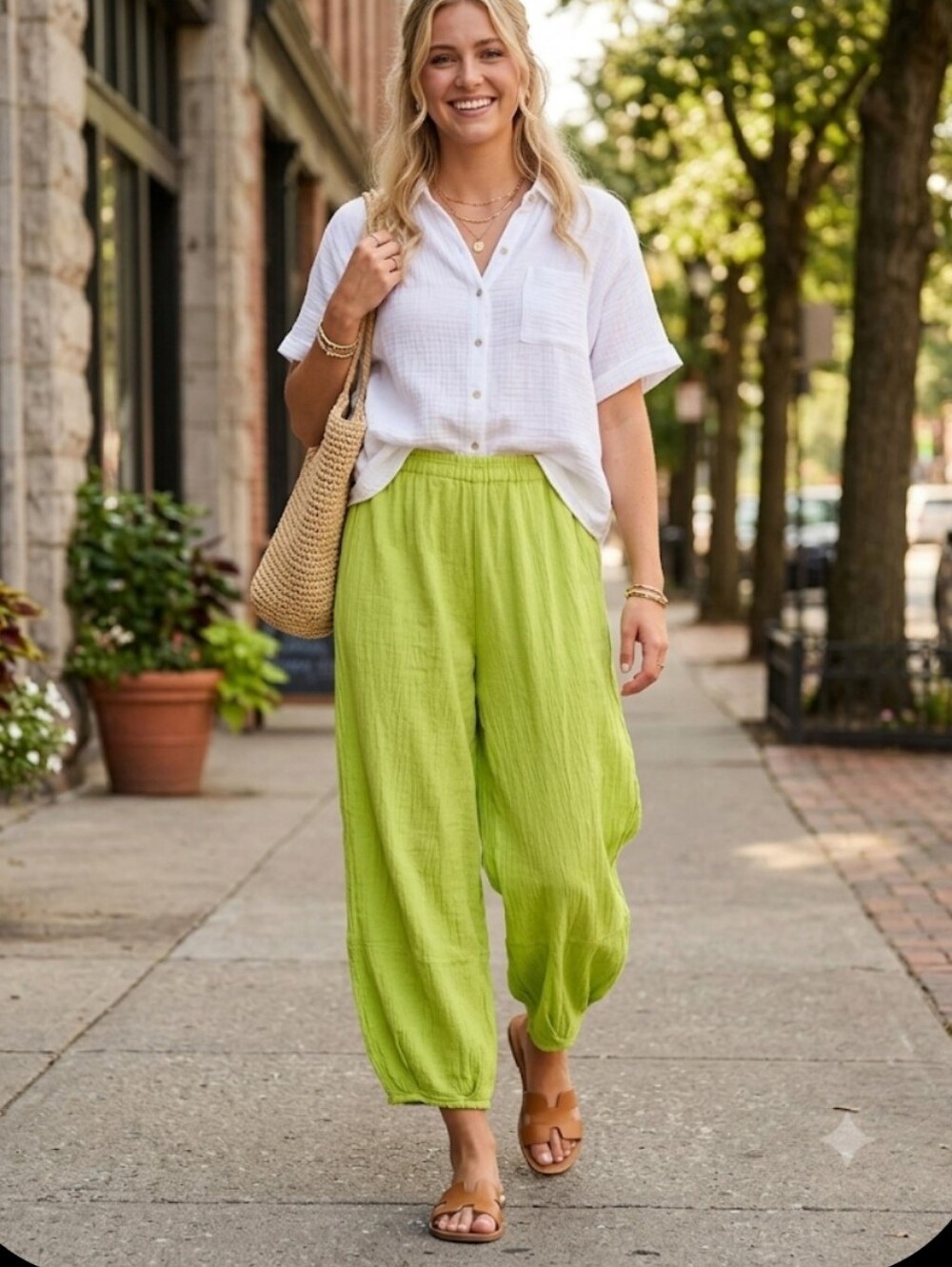 Oh My Gauze Lagenlook Lime Green Cotton Balloon Pants Size 1 US Small/ Medium